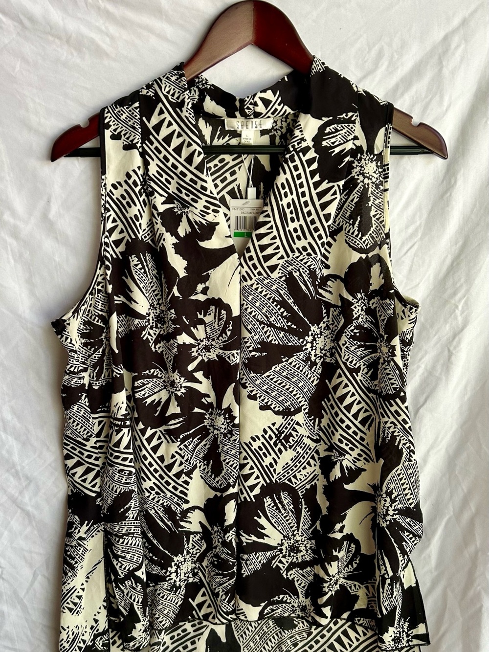 Spense Black & Cream Sleeveless V-Neck Printed Tank